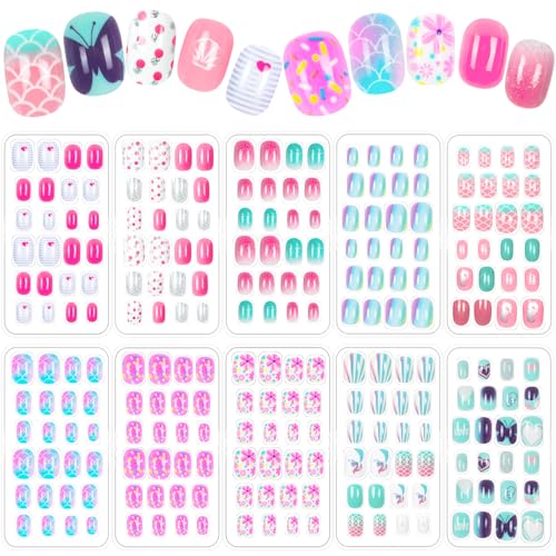 240 Pieces Fake Nails for Kids Girls Artificial Kids Press on Nails Full Cover Short Acrylic Stick On Nails False Nail Tips Kit for Children Little Girls Nail Art Decoration