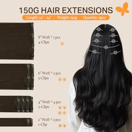DOORES Clip in Hair Extensions Real Human Hair, Dark Brown 150g 9pcs 20 Inch, Clip in Extensions Real Natural Weft for Women Thick Silky Straight Weft