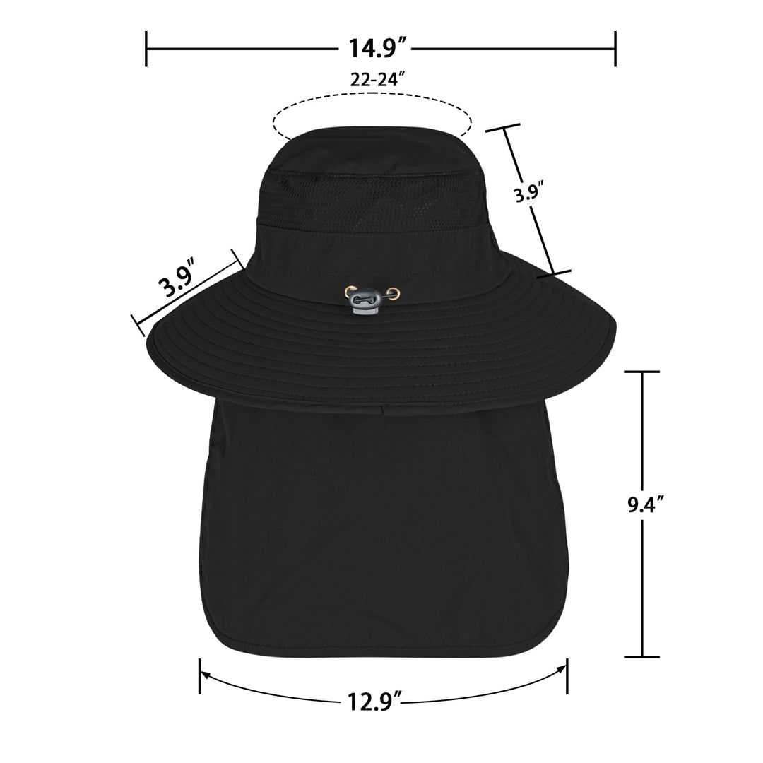 Sun Hats for Men Women Fishing Hat UPF 50+ Breathable Wide Brim Bucket Hats Summer UV Protection Safari Hat with Neck Flap Black