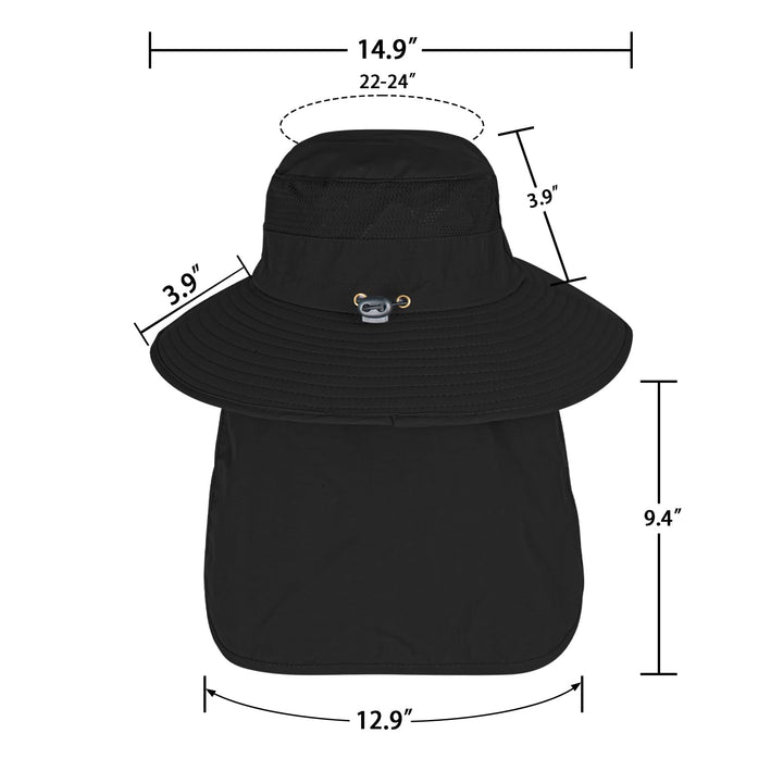 Sun Hats for Men Women Fishing Hat UPF 50+ Breathable Wide Brim Bucket Hats Summer UV Protection Safari Hat with Neck Flap Black