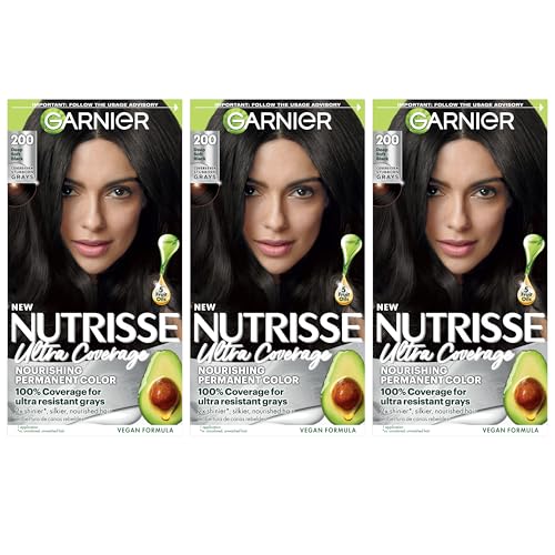 Garnier Hair Color Nutrisse Ultra Coverage Nourishing Creme, 200 Deep Soft Black (Black Sesame) Permanent Hair Dye, 3 Count (Packaging May Vary)