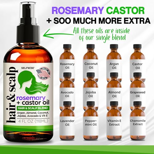 Organic Rosemary Oil For Hair Growth with Castor, Argan, Coconut, Almond, Jojoba, Avocado, Grapeseed, Vitamin E, Lavender & Peppermint for Hair & Scalp Treatment, All Hair Types, Men & Women 4oz
