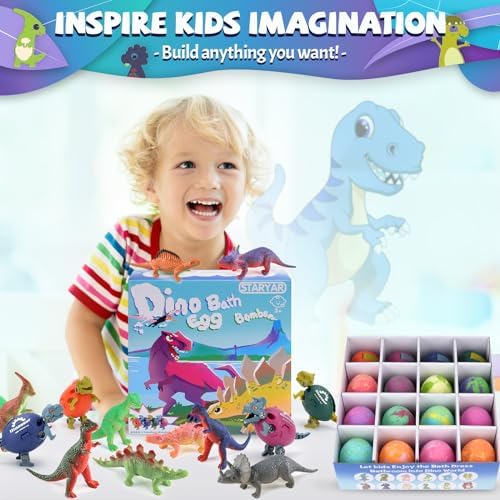 Bath Bombs for Kids with Surprise Toys Inside - 16 Pack Organic Dinosaur Eggs Bath Bombs Gift Set, Dino Eggs, Dinosaur Toys for Kids 3 4 5 6 7 8 9 Years, Birthday Gifts for Boys Girls