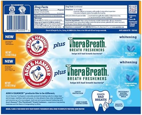 ARM & HAMMER Toothpaste Plus Thera, 6 Pack, ICY Mint, Anticavity Fluoride Toothpaste with Baking Soda, Whitening Enamel Strengthening Toothpaste, Travel Size 0.9 Oz