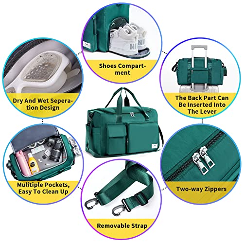FIORETTO Women's Water-Resistant Gym Duffle Bag with Shoes Compartment, 37L Capacity, Multi-Functional, Ideal for Travel, Gym, Sports, Weekender, Dark Green