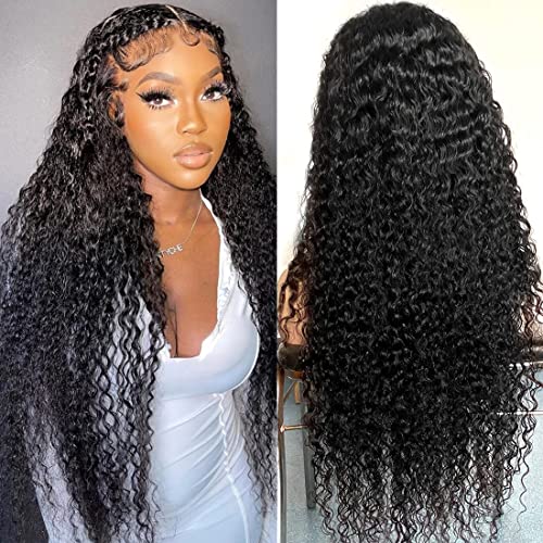 13x6 Deep Wave Lace Front Wigs Human Hair Wigs HD Transparent Deep Curly Lace Frontal Glueless Wigs Human Hair Lace Front Wigs Pre Plucked 200% Density Natural Black 24 Inch