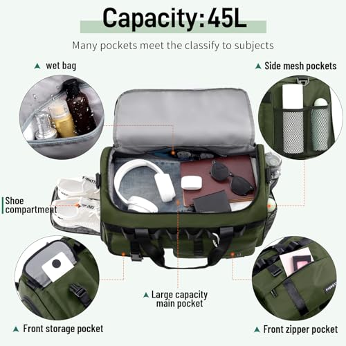 FIORETTO Women's Water-Resistant Gym Duffle Bag with Shoes Compartment, 37L Capacity, Multi-Functional, Ideal for Travel, Gym, Sports, Weekender, Light Pink