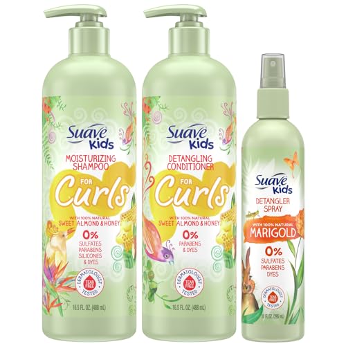 Suave Kids Shampoo & Conditioner for Curls, Sweet Almond & Honey 2-Pack + Detangler Spray for Kids with 100% Natural Marigold, Dermatologist-Tested & Tear Free