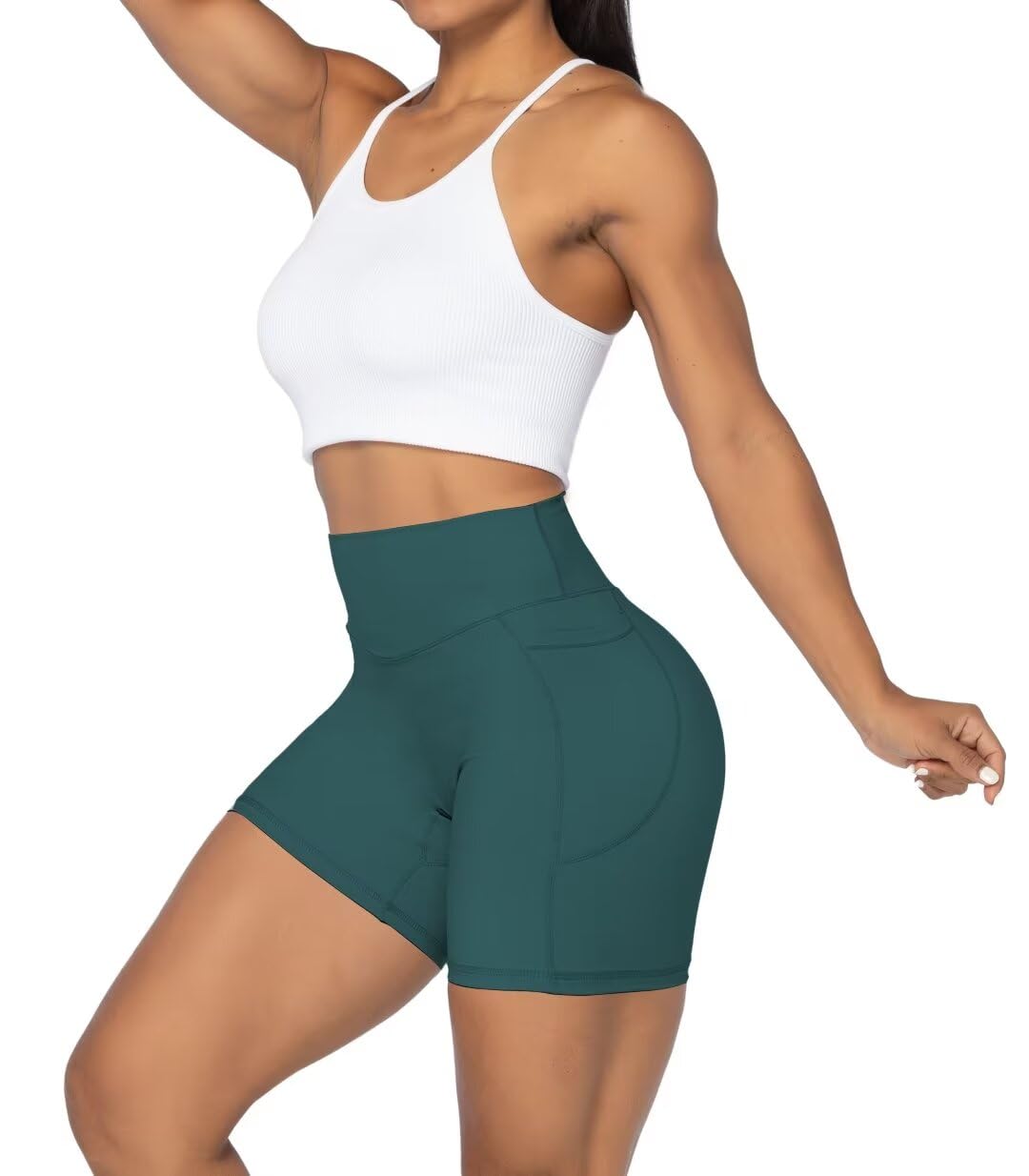 Sunzel Women's Biker Shorts in High Waist Tummy Control with Deep Pockets 5" Inseam Forest Green X-Small