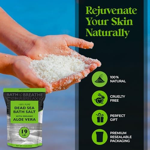 Aromasong Dead Sea Salt with Organic Aloe Vera, Spa Bath Salts, 19 Lbs Fine Bulk resealable Pack, 100% Pure & Natural, Soak for Women & Men for Tired Muscles & Skin Issues (Packaging May Vary)