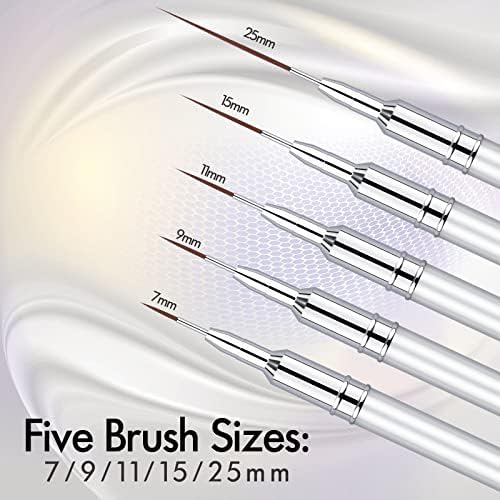 5PC Nail Art Brush Set - Long Lines, Liner, UV Gel Polish, Metal Handle, Sizes 7/9/11/15/25mm