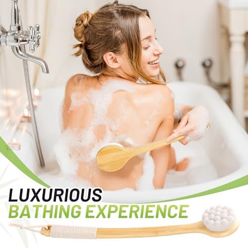 Back Brush for Shower, 17.32'' Long Handle Soft Bristles for Sensitive Skin, Effective for Cleansing, Non Slip Grip, Wall Mounted Dry Quickly, Exfoliation Body Scrubber for Men/Women/Elderly