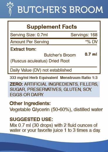 Secrets of the Tribe Butcher's Broom Tincture Alcohol-Free Liquid Extract, Butcher's Broom (Ruscus aculeatus) Dried Root (4 FL OZ)
