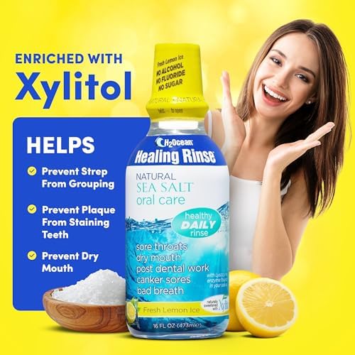 2 Pack H2Ocean Healing Rinse Mouthwash- Great Tasting Sea Salt & Xylitol Mouth Wash for Fresh Breath & Dry Mouth - Alcohol & Fluoride Free - Lemon Ice 16oz