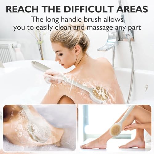 VANZAVANZU 17 Inch Back Scrubber for Shower, Anti-Slip Long Handle Shower Brush with Soft and Stiff Bristles, Exfoliating Bath Brush for Wet or Dry Brushing (Cream White)
