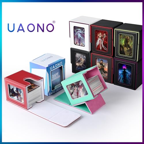 UAONO Card Deck Box with MTG Commander Display, Patented Design Card Deck Case Holds 100+ Double-Sleeved Cards, PU Leather Cards Storage Box for TCG with 2 Dividers, 1 Toploader (Grey&Red)