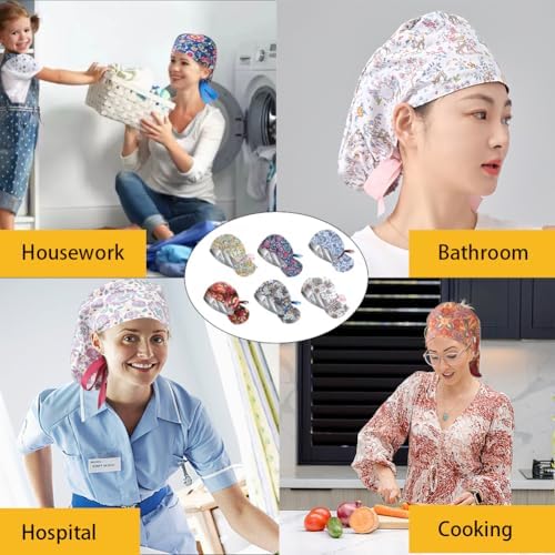 6Pcs Satin Lined Scrub Caps Women Ponytail, Adjustable Surgical Caps for Women, Scrub Hats, Nurse Cap, Nurse Surgical Hat with Button and Sweatband, Elastic Ponytail Pouch Tie Back