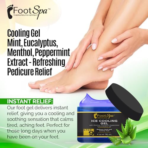Foot SPA - Massage Cooling Gel for Pedicure Treatment with Menthol, Camphor, Peppermint and Eucalyptus Oil, Professional Strength Foot and Leg Ice Cooling Gel Therapy, Relives Tired Aching Feet, 4 oz