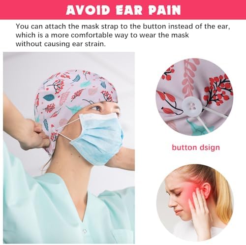 6 Pcs Scrub Caps for Women Doctor Nursing Hats with Buttons Adjustable Tie Back Working Cap Bouffant Scrub Hats for Women Men