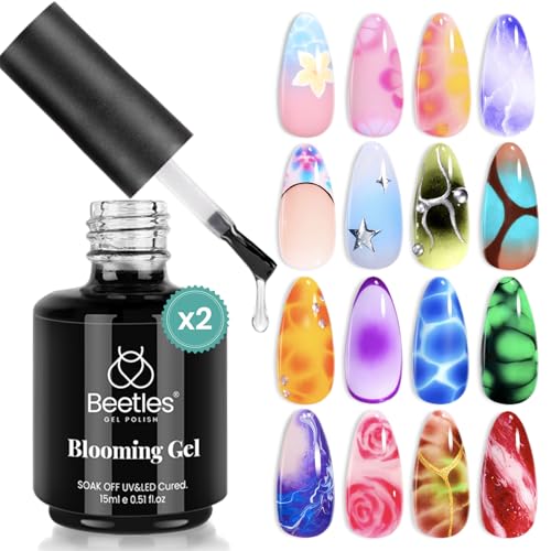 Beetles Nail Blooming Gel: 2 Pcs 15ml Clear Uv Led Blooming Gel Nail Polish for Spreading Effect Blossom Marble Natural Stone Watercolor Floral Print Soak off Nail Diy Design