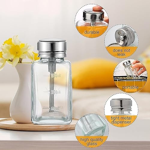 2 Pcs 6 Oz/ 180 ml Clear Pump Dispenser Bottle with Metal Flip Cover Glass Nail Polish Remover Push Down Dispenser Bottle Refillable Push Down Pump Dispenser Press Container for Makeup Remover