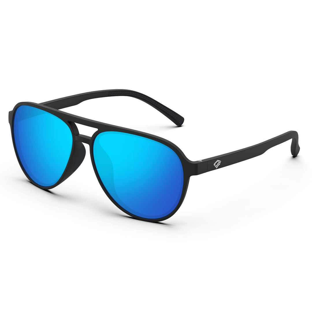 TOREGE Aviator Sunglasses For Women Men Polarized Sunglasses, Lightweight Sports Sun Glasses UV400 Protection For Running Fishing Cycling Boating Beach Golf Driving TR75(Black&Black&Ice Blue Lens C2)