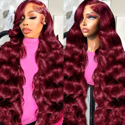 28 Inch 99J Burgundy Lace Front Wigs Human Hair 13x6 HD Transparent Body Wave Lace Front Wigs Human Hair Pre Plucked 99j Burgundy Red Wine Glueless Human Hair Wigs for Women
