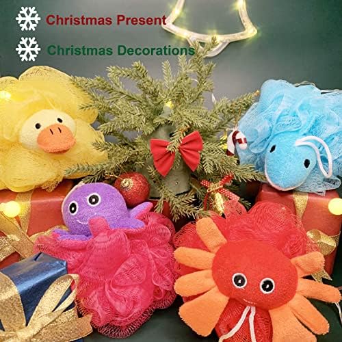 Loofah Exfoliating Shower Stuffed Sponge Pouf Mesh Brush with Animal Toys - Bath Spa Puff Scrubber Ball - Body Poof for Children Kids - Rich Foams Bubble（4.7" Each） Pack of 4