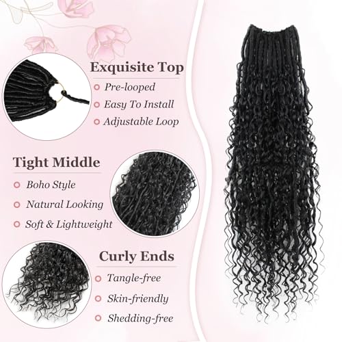 Boho Faux Locs Crochet Hair 9 Packs Long Goddess locs 24 Inch Boho Soft Locs With Curly Ends Pre Looped Bohemian River Loc Crochet Hair For Women (24 inch,1B)