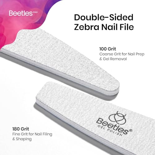 Beetles 2-in-1 Washable Nail File, Zebra Gray Grit Durable Nail Buffer with Diamond and Crescent Shape for Precise Filing, Professional and DIY Manicure Tool for Shaping and Smoothing