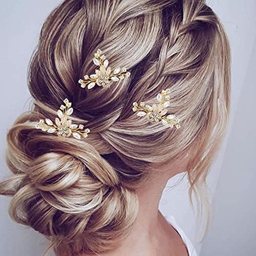 Jeweky Bride Wedding Crystal Hair Pins Clips Bridal Hair Pieces Flowers Hair Accessories Jewelry for Women and Girls (Pack of 3) (Gold)