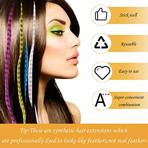 Xinnun 52 Pcs Colored Hair Feathers Extension Kit for Women 13 Colors Long Straight Synthetic Hair Feather 200 Silicone Lined Micro Ring Crochet Hook and Lengthen Remover Plier for Cosplay Party