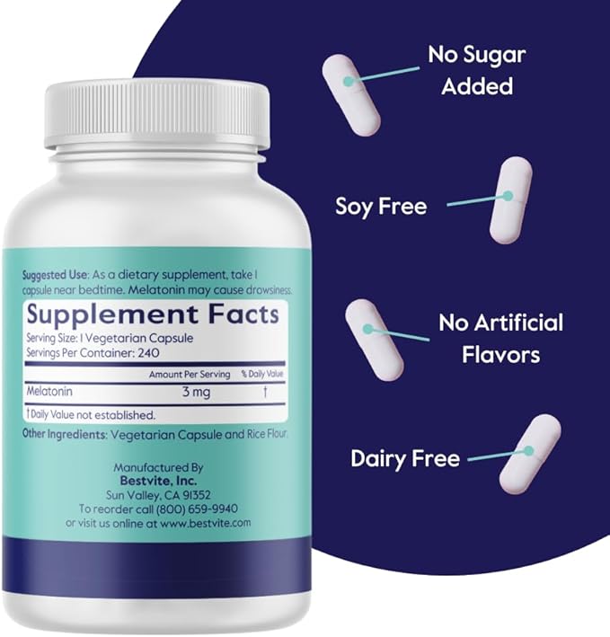 BESTVITE Melatonin 3mg (240 Vegetarian Capsules) - No Crospovidone - No Dextrose - No Dicalcium Phosphate - No Stearates - Vegan - Non GMO - Gluten Free - Easy to Swallow Capsule