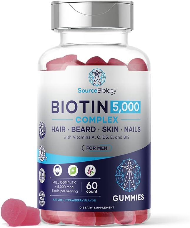 Biotin 5000 Mcg Complex - Hair, Beard, Skin, Nails Formula for Men - High Potency Vegan Friendly Gummies - with Vitamins A, C, D3, and B12