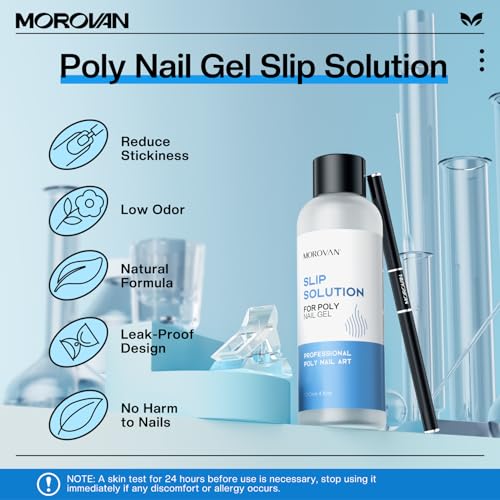 Morovan Poly Gel Slip Solution - 4oz Slip Solution for PolyGel Nails Anti-Stick Extension Gel Kit with Base Coat Top Coat Nail Cleaner Dual Nail Forms