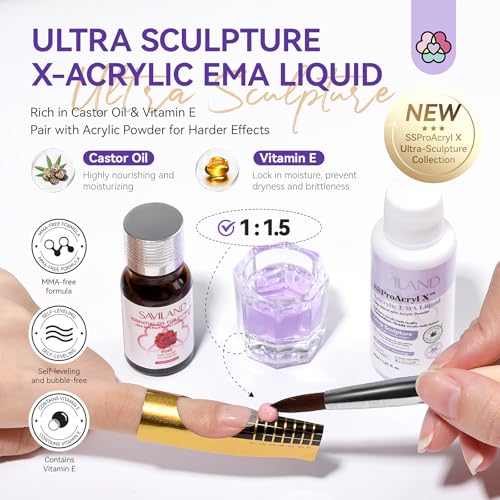 SAVILAND Acrylic Nail Kit for Beginners: White Pink Clear Acrylic Powder and Liquid Set with EMA Acrylic Liquid Monomer Nail Brush Forms Tools and Cuticle Essentials Oil for Nails Home Manicure DIY