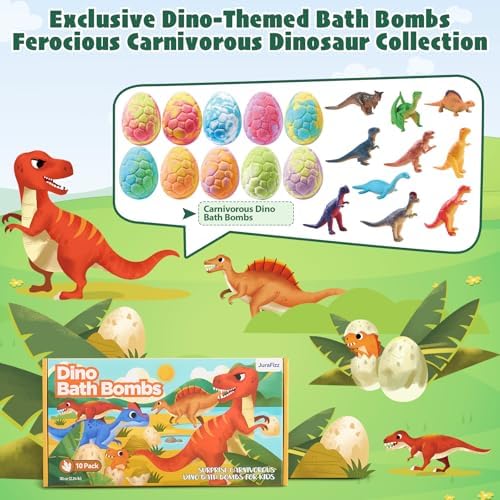 Dinosaur Bath Bombs for Kids with Surprise Inside, 10 Pack Natural Dino Eggs with Exclusive Carnivorous Dinosaur Toys, Fizzing Fun Gifts for Boys Girls, Dinosaur Toys for Kids Ages 3-9