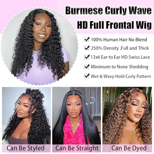 13x6 Lace Front Wigs Human Hair Burmese Curly Wig for Black Women 250 Density Water Wave Pre Plucked Transparent Lace Frontal 100% Human Hair Wigs with Spiral End Natural Color 24inch