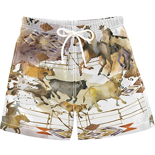 visesunny Boys Swim Trunks Quick Dry Kids Board Shorts American Cowboy Cow Running Horse Toddlers Bathing Suits Size from 2T to 14/16