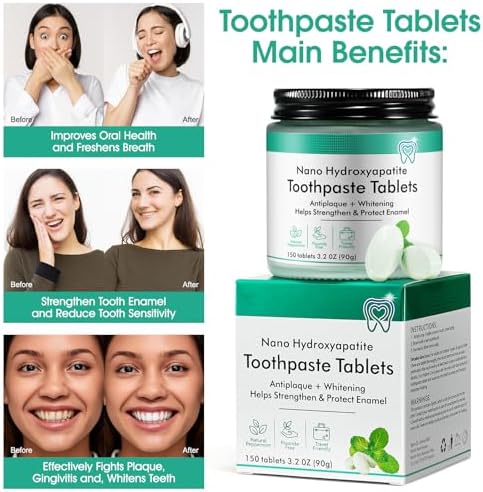 Toothpaste Tablets, Natural Peppermint Hydroxyapatite Toothpaste Tabs, Fluoride Free, Travel Friendly, 150 Tablets Mouthwash Chewable for Teeth