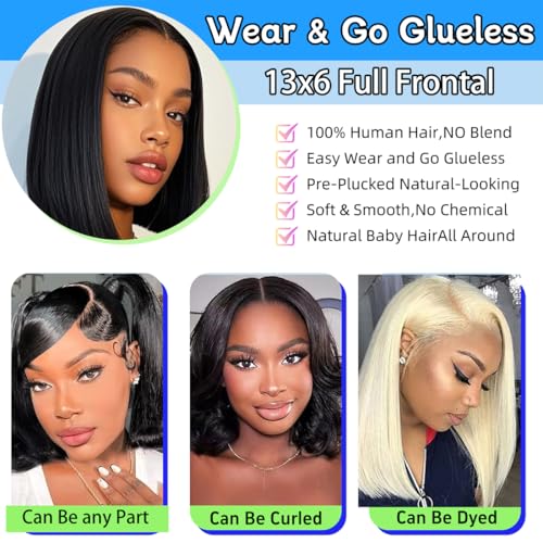 Bob Wig Human Hair 13x6 Hd Lace Front Human Hair Wigs For Black Women Glueless Lace Front Wigs Pre Plucked Pre Cut 180% Density Black Short Straight Bob Wig 10 Inch