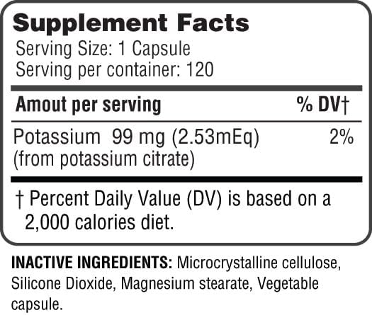 Health Potassium (Citrate) - Essential Electrolyte Supplement to Support Nerve & Muscle Function Heart Health & Energy* - Potassium Citrate Capsule - 120 Capsules