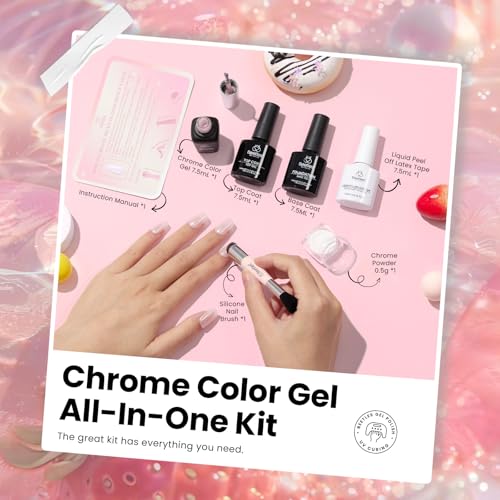 Beetles Pearl Chrome Nail Powder Gel Nail Polish Set, Glazed Donut Mirror Effect with Silicone Nail Brush, Liquid Peel Off Latex Tape Top Coat&Base Coat