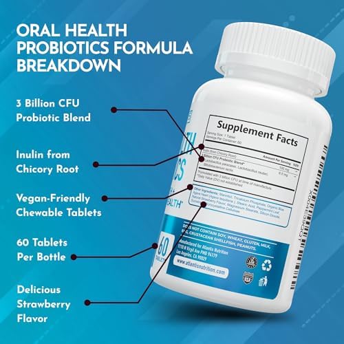 Atlantis Nutrition Oral Probiotics Chewable Tablet - Dental Probiotic for Gum Care & Teeth Care - Bad Breath Treatment for Adults - 3 Billion CFU Probiotic Blend - Strawberry Flavor - 60 Tablets