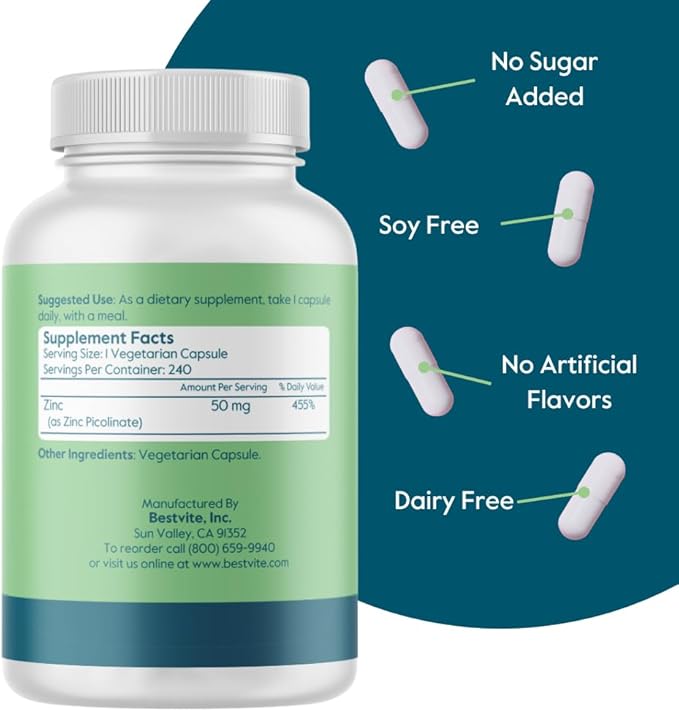 BESTVITE Zinc Picolinate 50mg (240 Vegetarian Capsules) - No Stearates - Vegan - Non GMO - Gluten Free