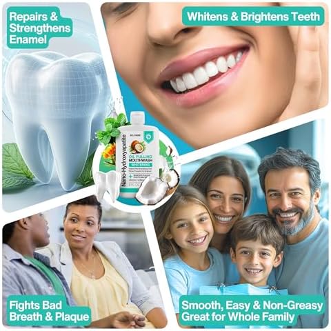 Nano-Hydroxyapatite Oil Pulling Whitening Mouthwash for Teeth and Gums, Natural & Organic, Whitens Teeth, Strengthens Enamel, Fights Bad Breath & Plaque – Smooth & Non-Greasy – for Adults & Kids