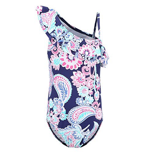 Little Girls One Piece Swimsuits One Shoulder Ruffle Swimwear Floral Bathing Suit Blue 4T
