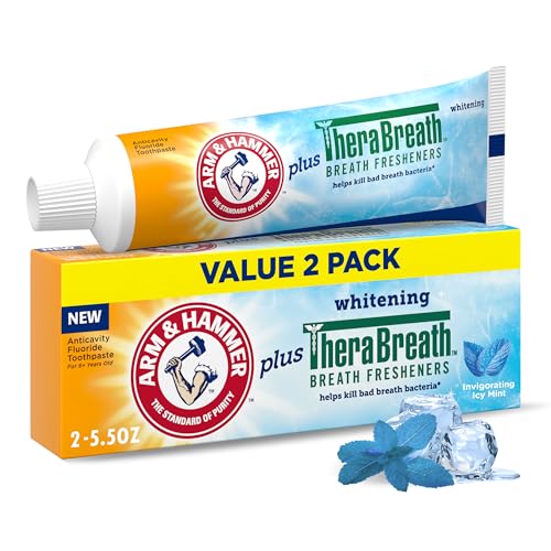 ARM & HAMMER Toothpaste Plus TheraBreath Breath Fresheners, Invigorating ICY Mint Flavor & Advance White Toothpaste, Clean Mint Flavor, Stain Defense Technology, 6.0oz (4-Pack)