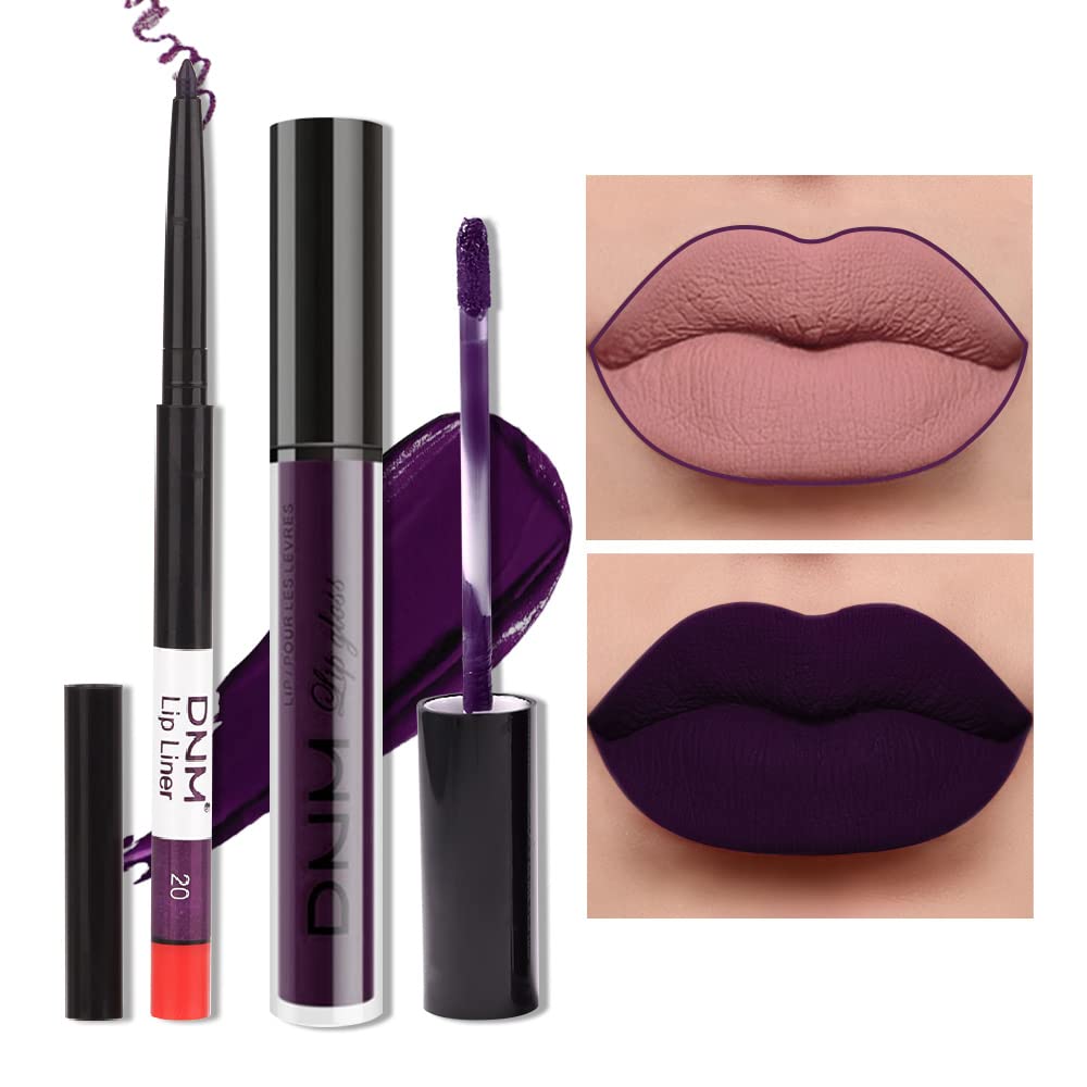 Amy'S Diary 2Pcs Dark Purple Lip Liner And Lipstick Matte Makeup Set,Darkest Eggplant Plum Lipstick 24H With Lip Liner Set Matt