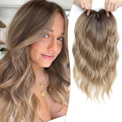 PANEWAY Hair Topper 16Inch Hair Toppers For Women Wavy Curly Brown Blonde with Dark Root Clip In Hair Topper Add Hair Volume Synthetic Wiglets Hair Pieces For Women